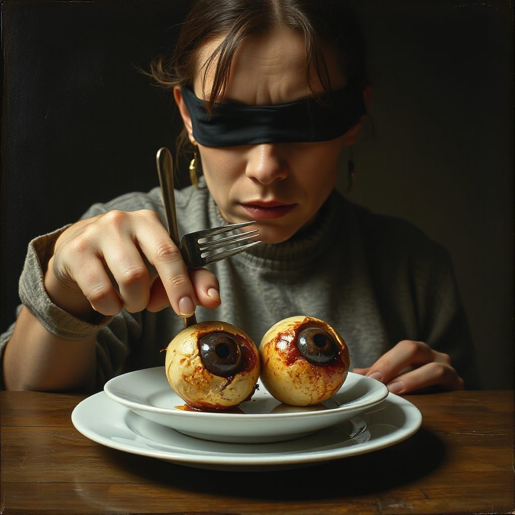 Blind Woman Stabs Eyeballs on Plate - Dutch Masters Style