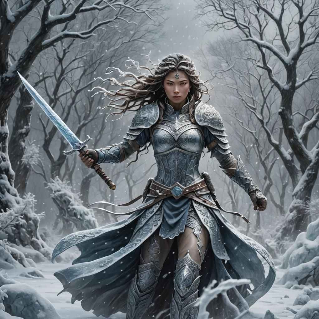 Ice Warrior Statue in Gouache Watercolor Style