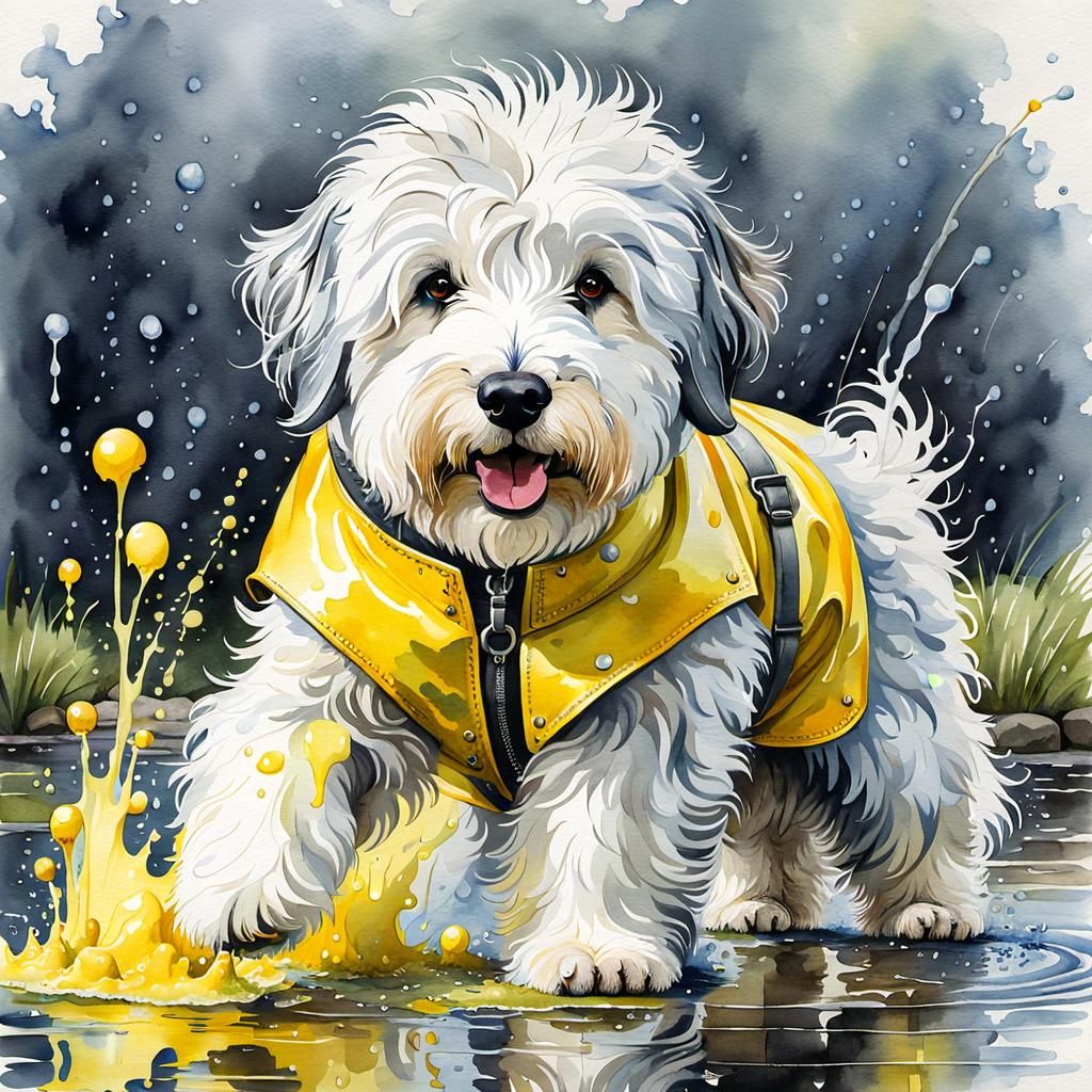 Whimsical Sheepdog in Yellow Mac, Watercolor