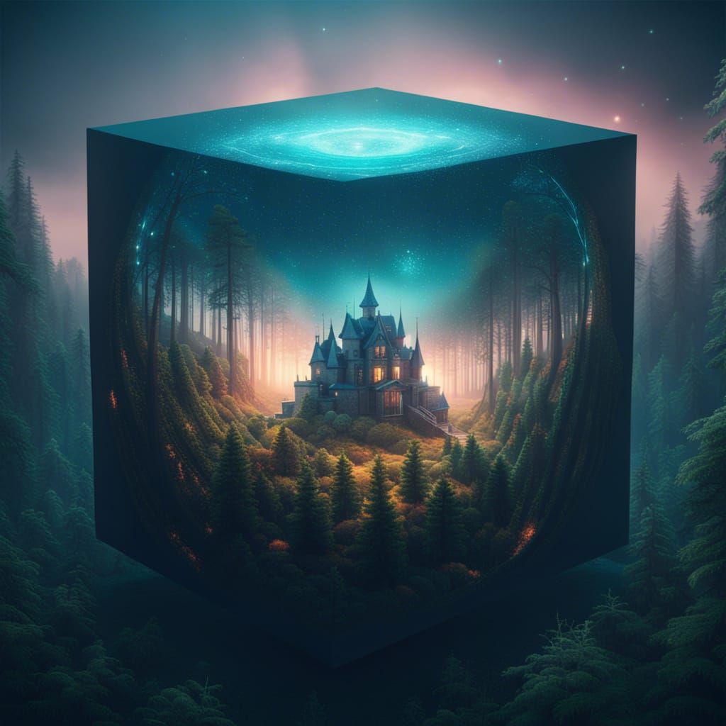 Surreal Forest Landscape with Spooky Cube Castle