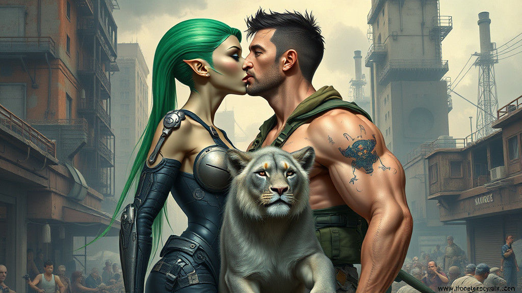 Alien Woman and Human Man in War-Torn Cityscape