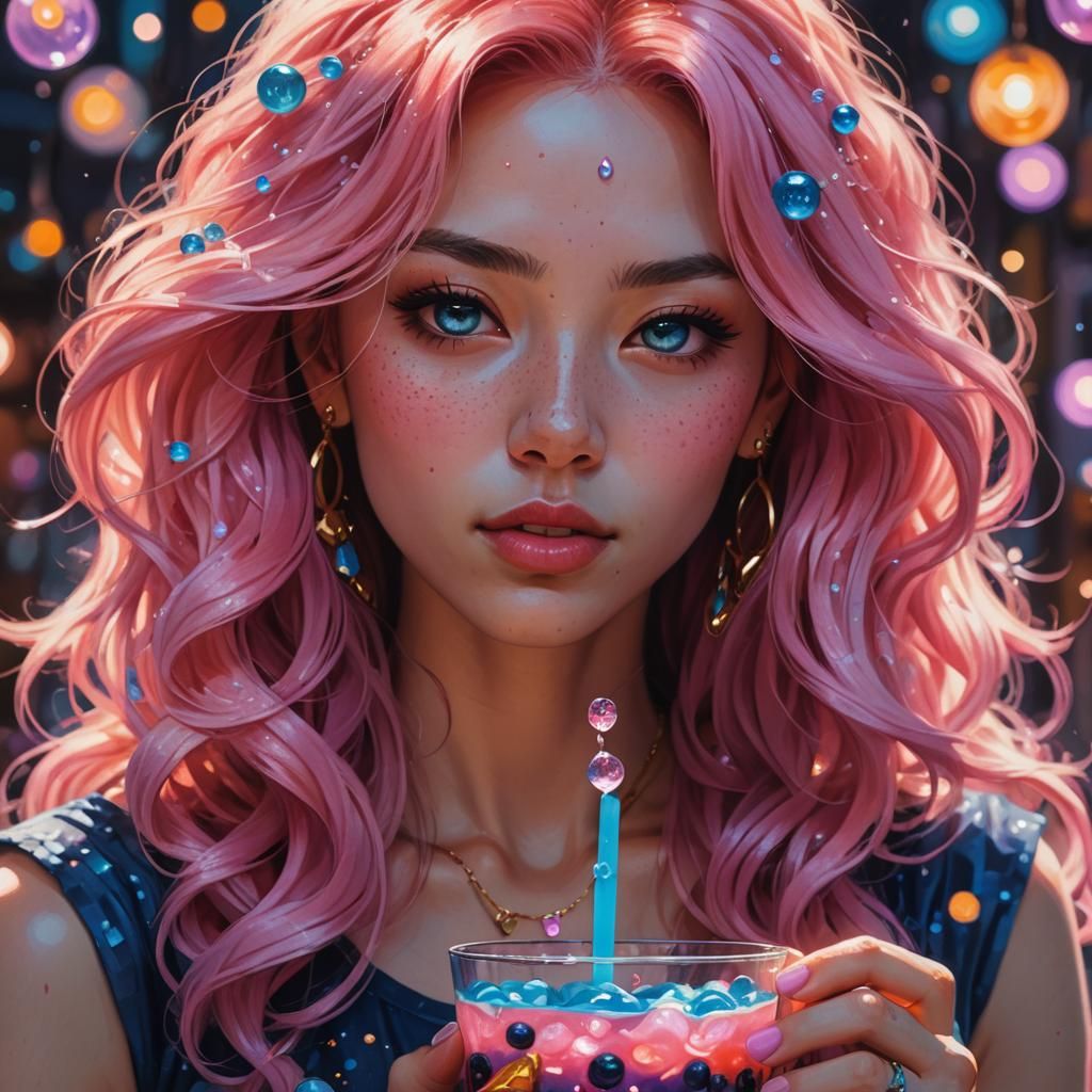 Pink-Haired Girl Drinking Boba in Oil Painting Style