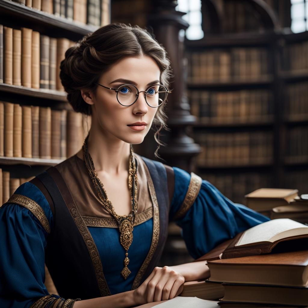 Nerdy Woman in Medieval Gown in Library