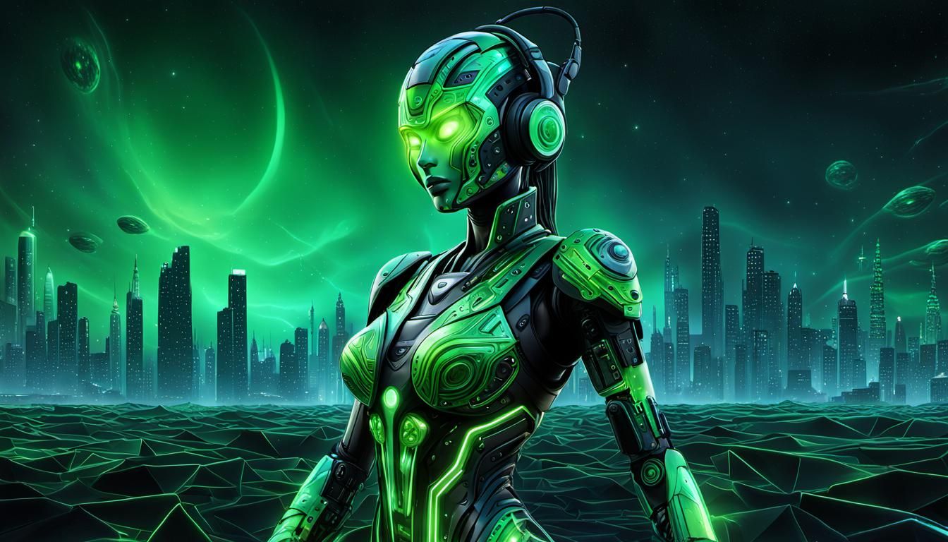 Cyberpunk Robot DJ Girl in a Fantasy Landscape