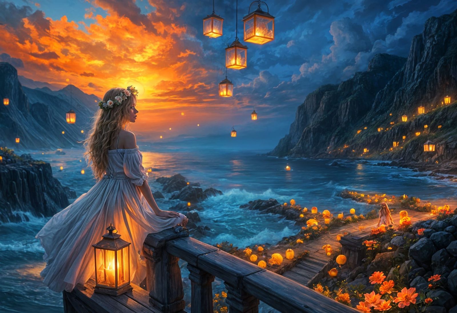 Digital Artwork of a Serene Woman in a Coastal Fantasy Scene