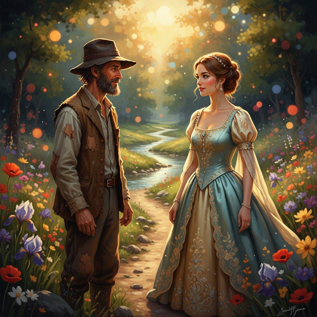 Princess and Tramp Meet by Stream in Hyperrealistic Splash A...