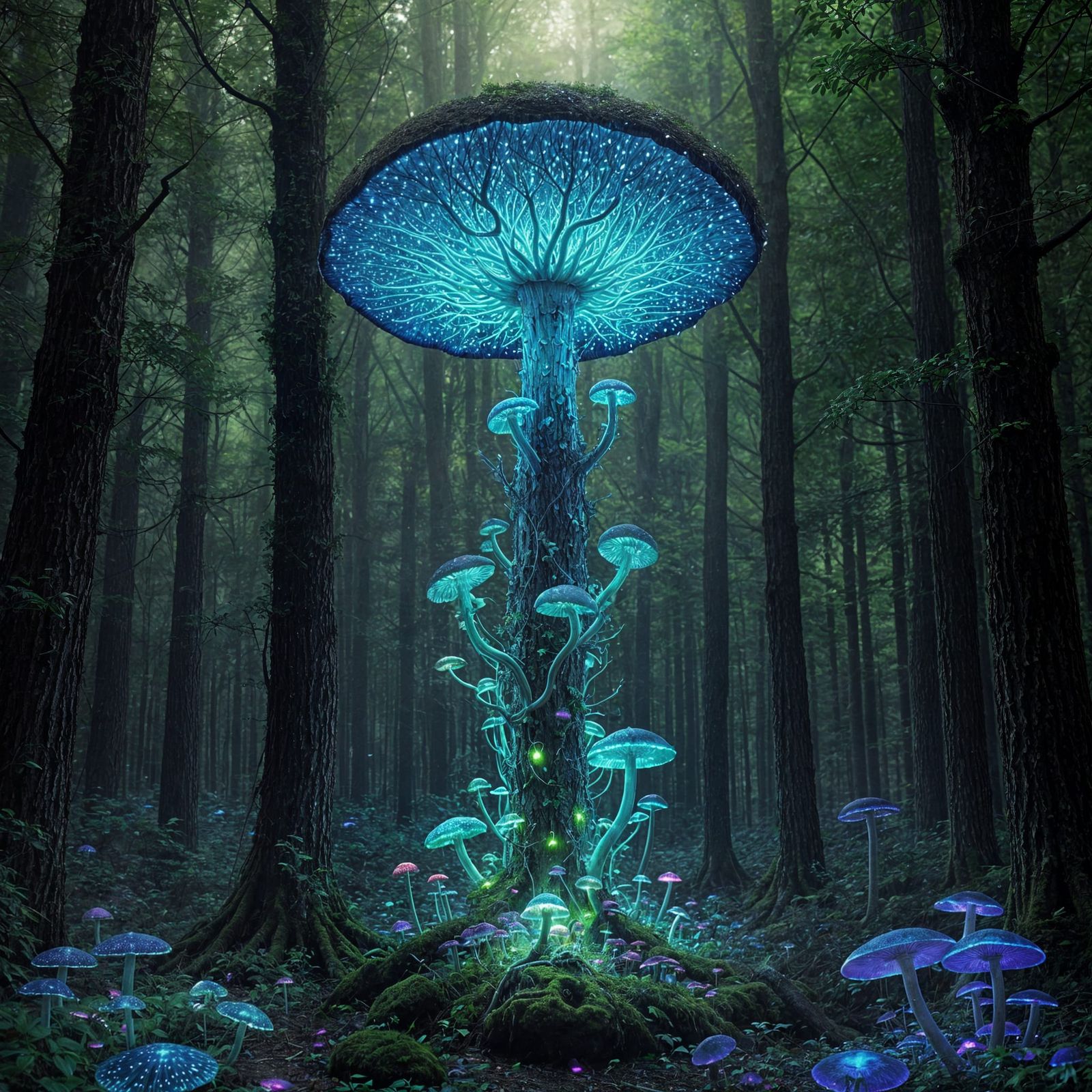 Enchanted Forest: Giant Fluorescent Mushroom Digital Art
