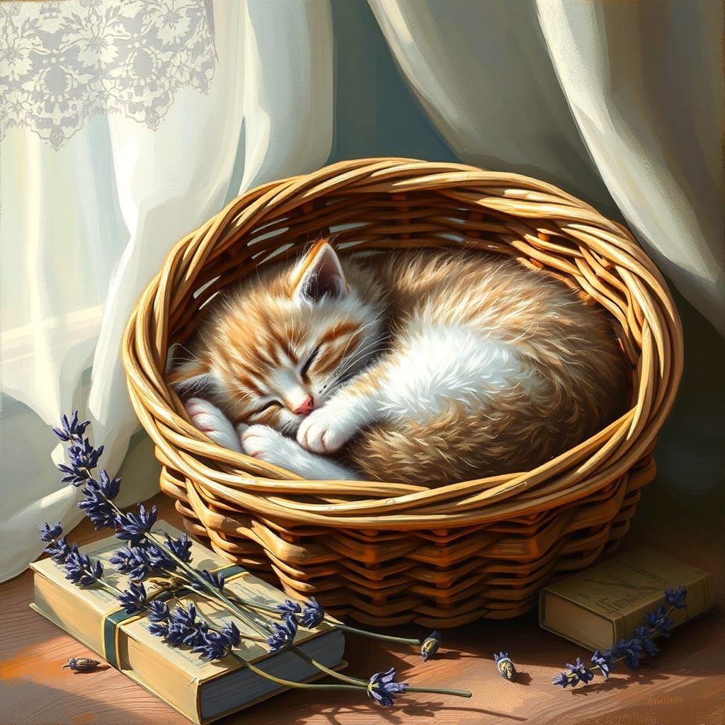 Cozy Kitten Nap in Basket, Impasto Style