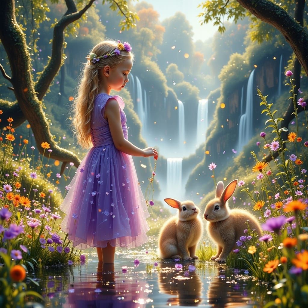 Toddler Girl with Bunnies in Enchanted Flowery Field