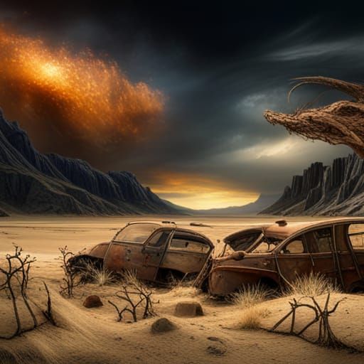 Post-Apocalyptic Desert Landscape with Nuclear Explosion
