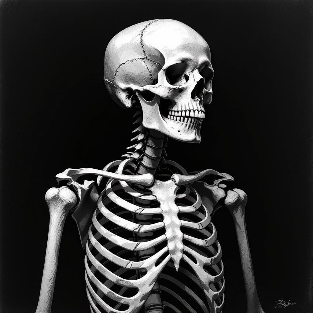 Anatomical Skeleton Charcoal Sketch with Dramatic Lighting