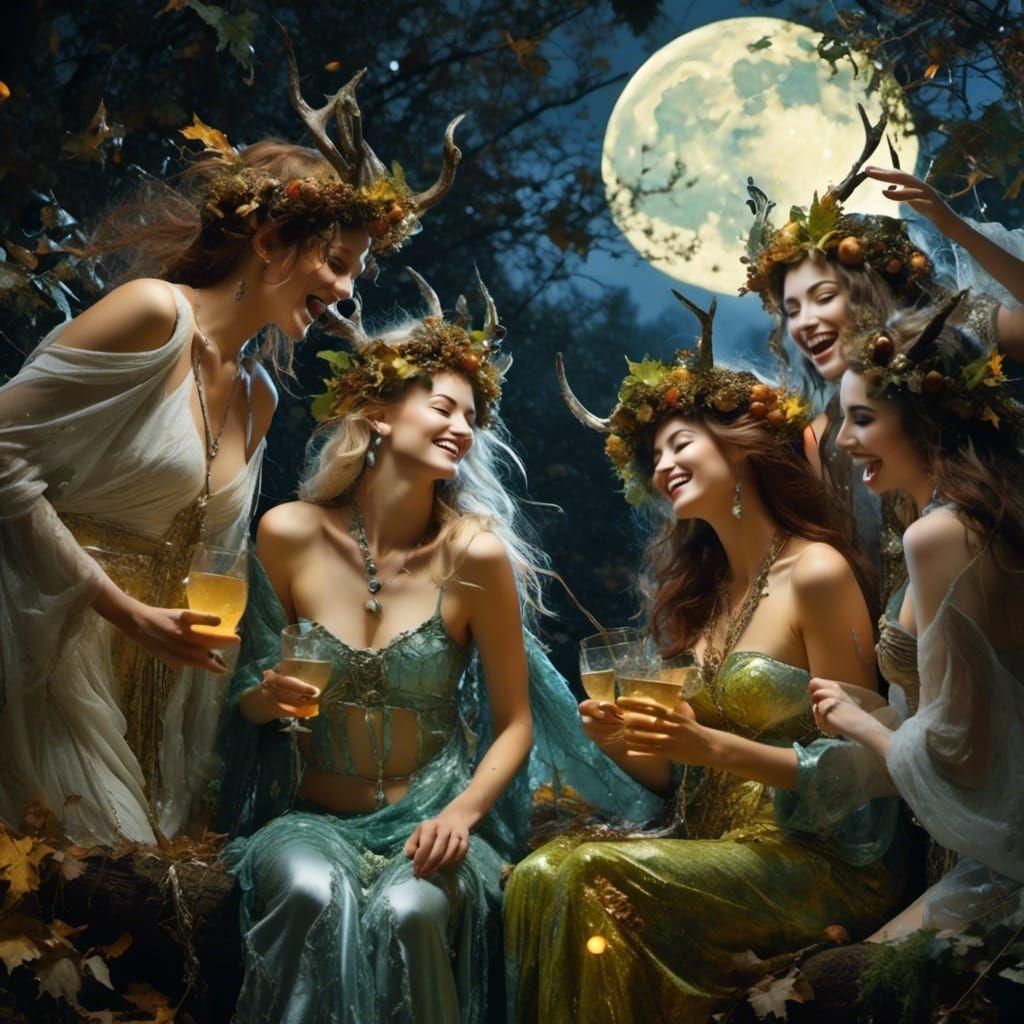 Bacchus and Maenads Celebrate Under the Moon