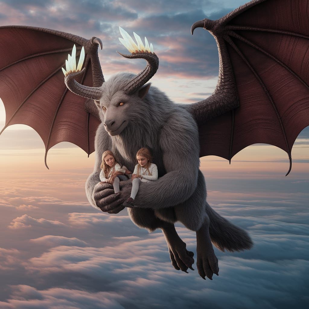 Horned Sky Beast Cradling Children in Flight