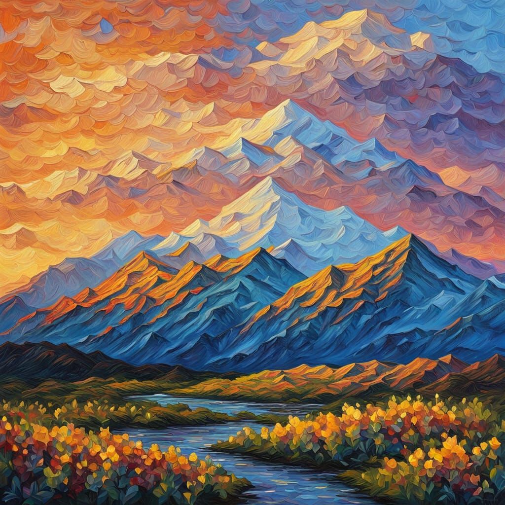 Denali Sunset in Polychrome Impasto Style