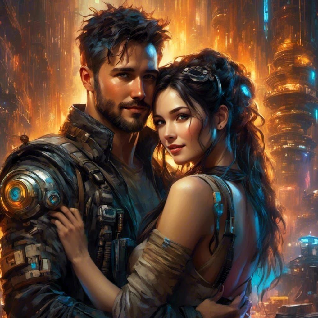 Cyberpunk Couple Embrace in Dystopian Wasteland