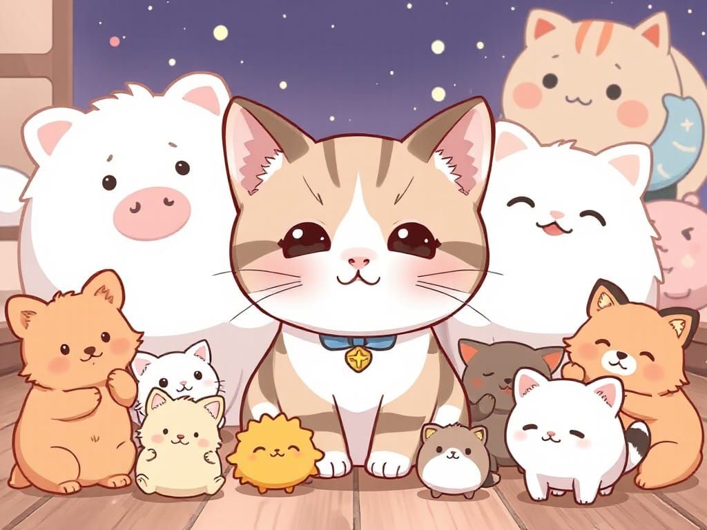 Kawaii Cat Surrounded by Cute Animals