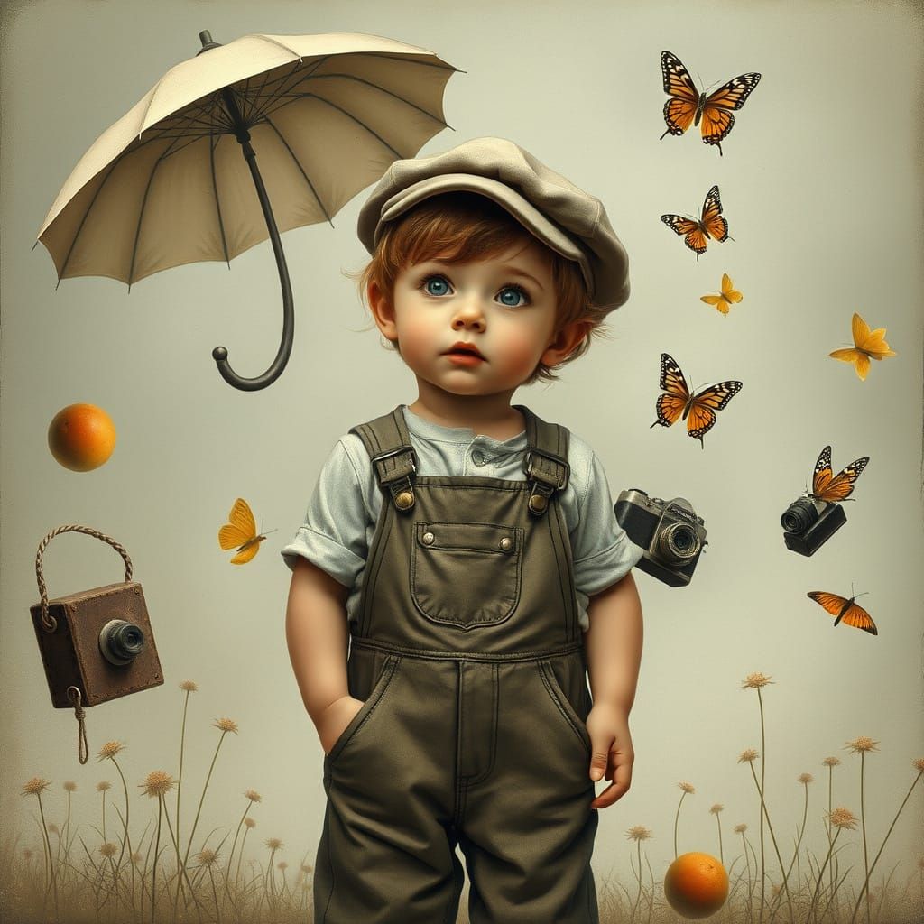 Vintage Child in Surreal Gravity-Defying Scene