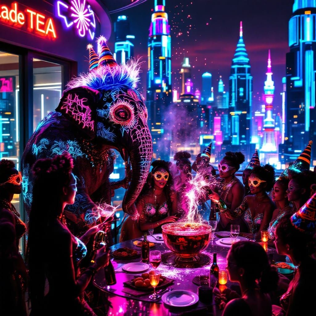Electric Dreams Party Scene with a Glowing Elephant