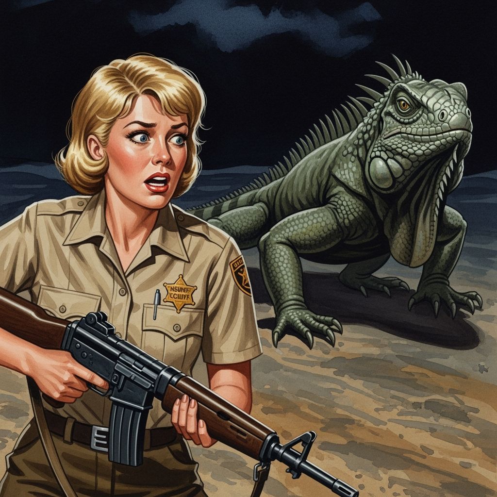 Terrified Deputy Confronts Giant Iguana in Watercolor Style