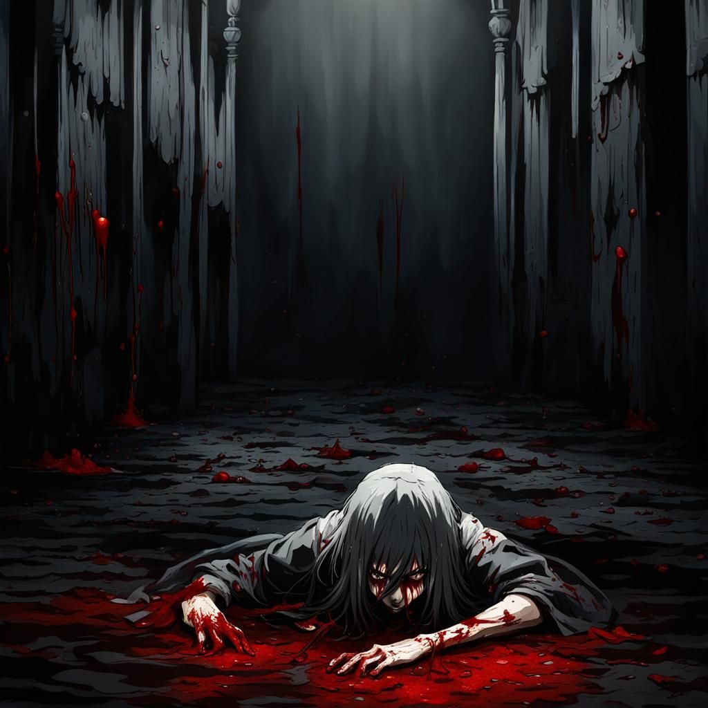 Anime Girl Crying Blood Tears in Dark Place