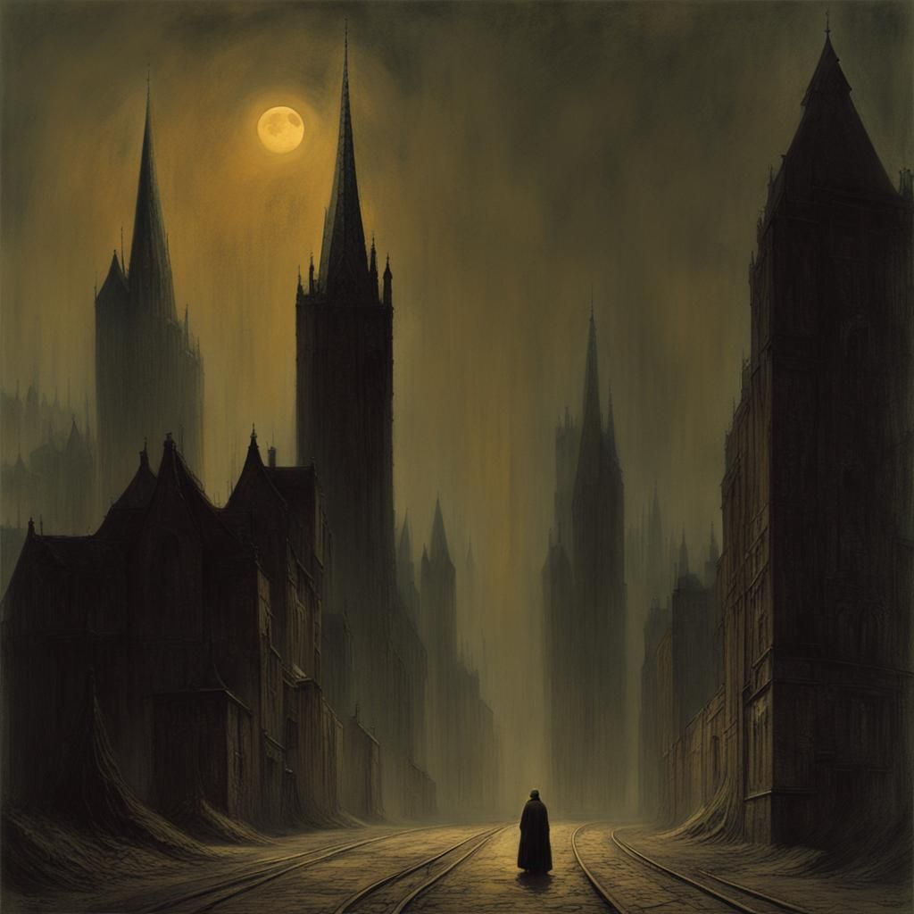 Introspective Portrait in Gothic Dystopian Cityscape