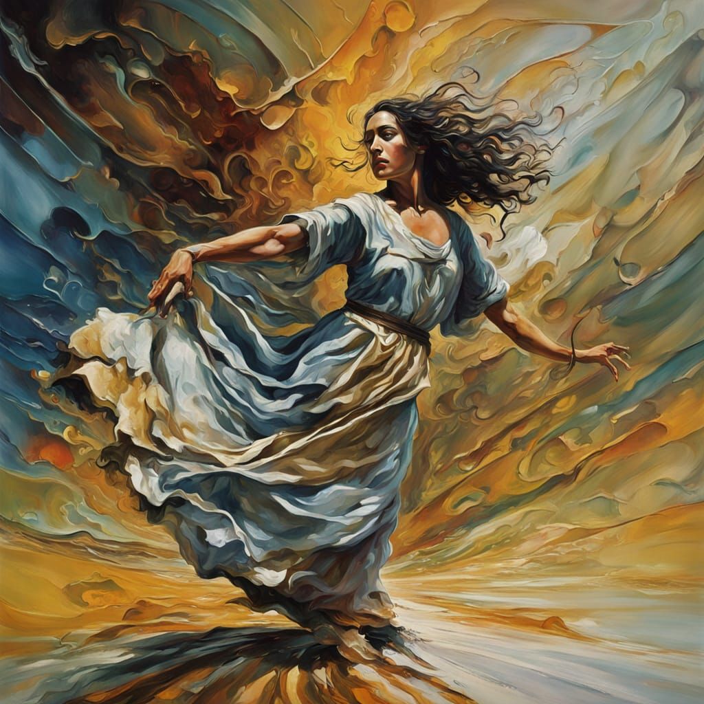 Free-Spirited Gypsy Dancer in a Surreal, Melting Landscape