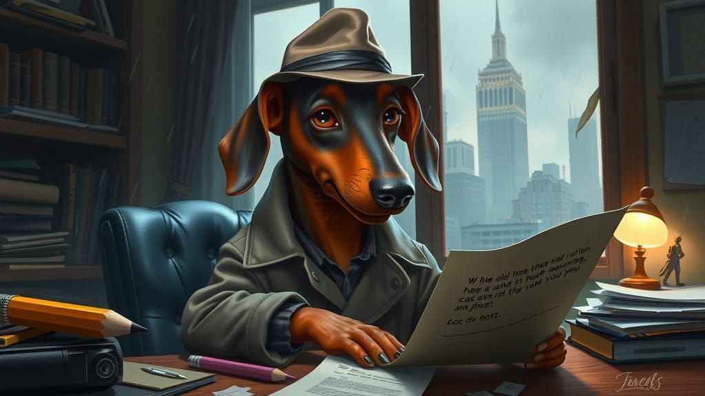 Sleuthing Dachshund in Noir-Inspired Detective Office