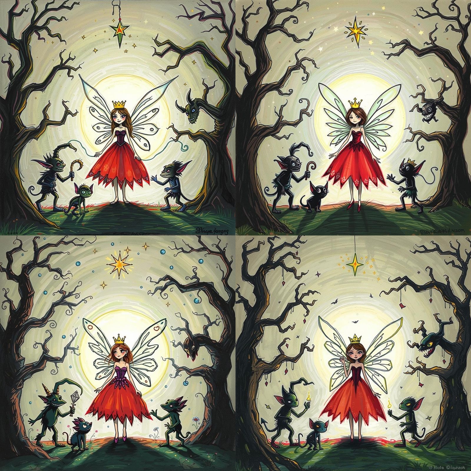 Childlike Crayon Drawing of Fairies and Shadow Protectors