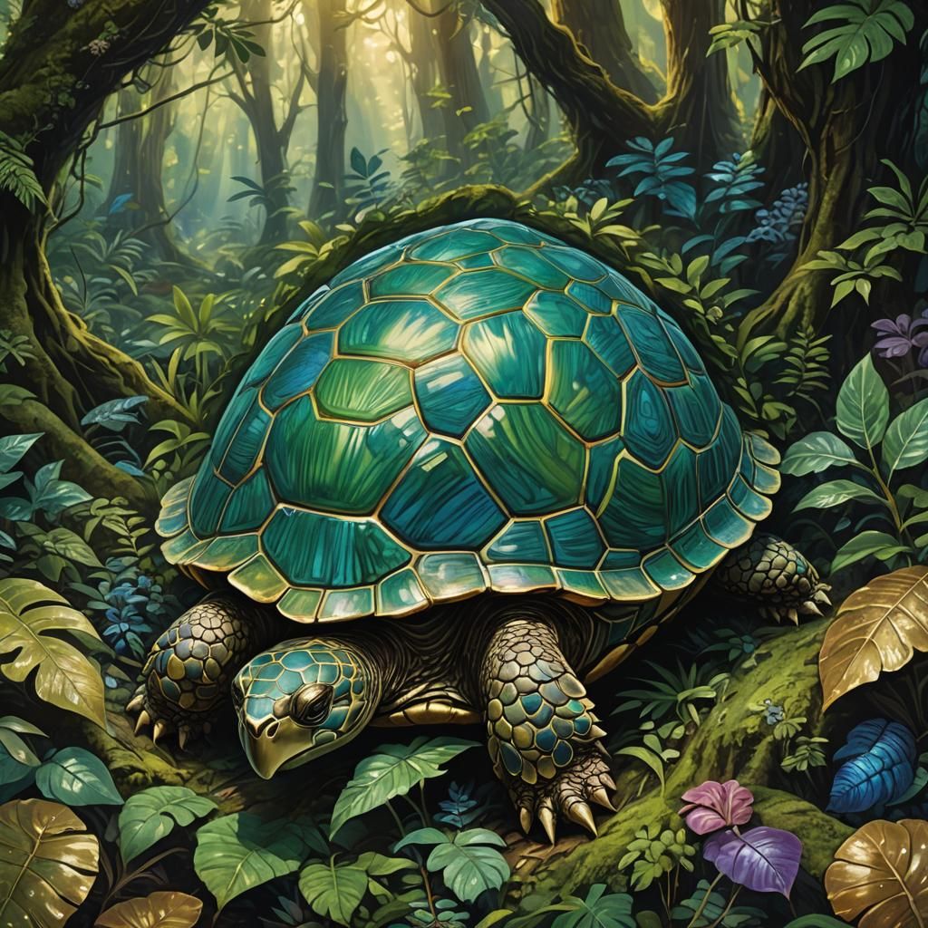 Lush Forest Turtle in Art Nouveau Style