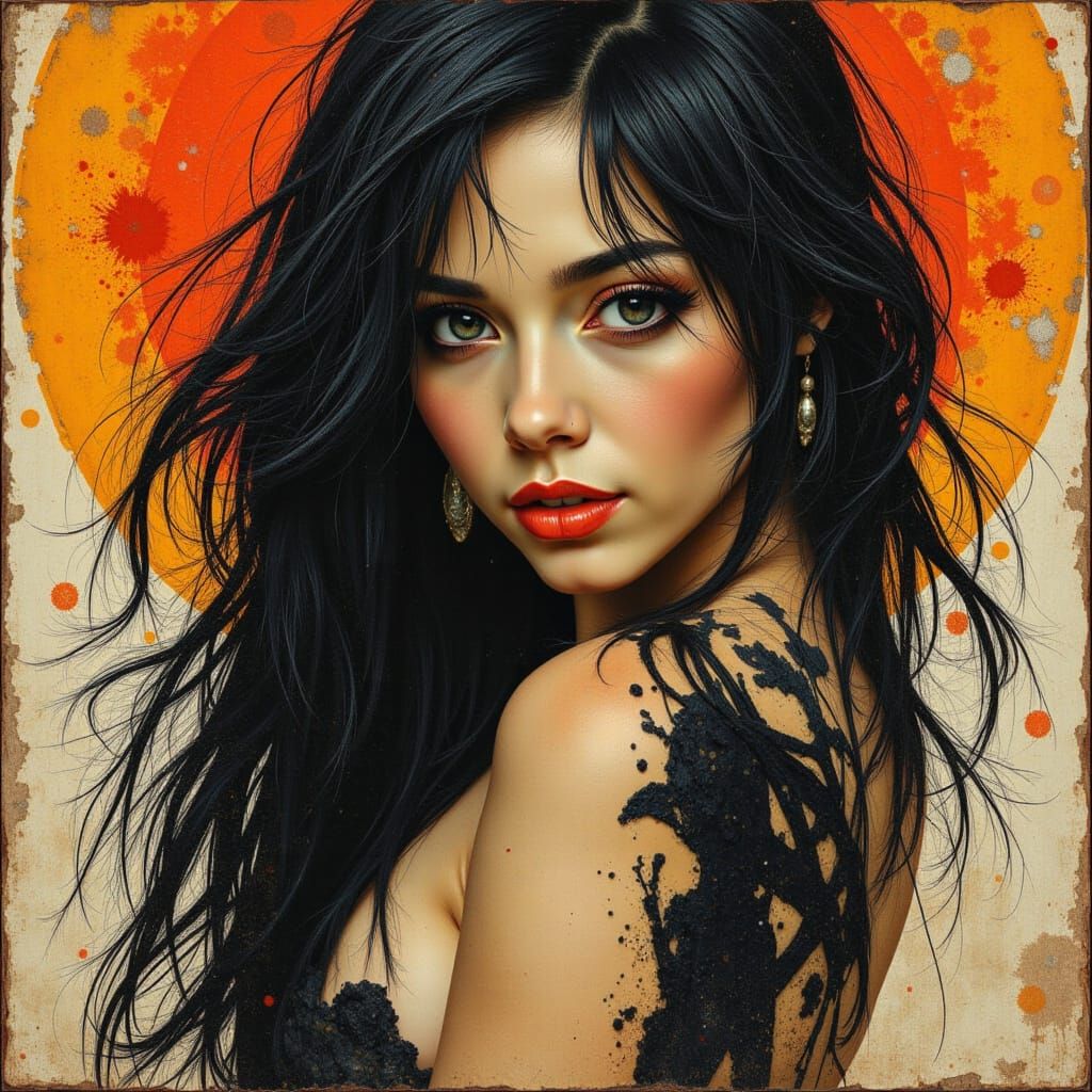 Create an illustration in the style of rock album cover, por...