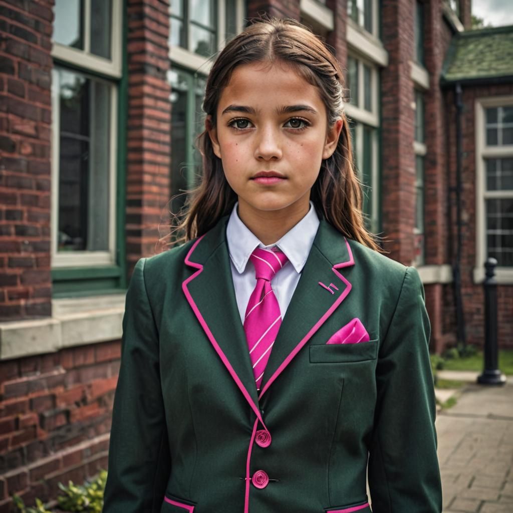 Girl in Green Blazer with Pink Piping, Hyperrealistic