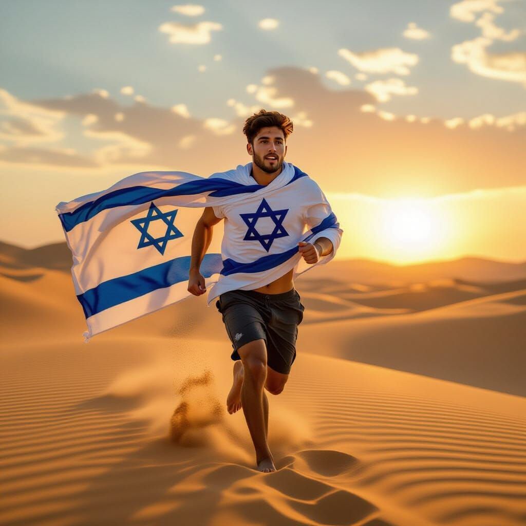 Israeli Flag Runner at Desert Sunrise