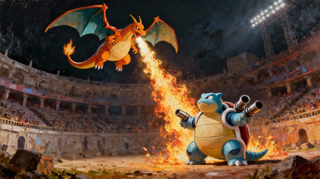 Epic Pokemon Battle: Blastoise vs Charizard in Fiery Arena