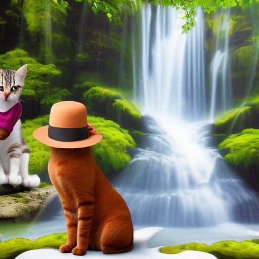 Cat and Dog with Hats by Waterfall