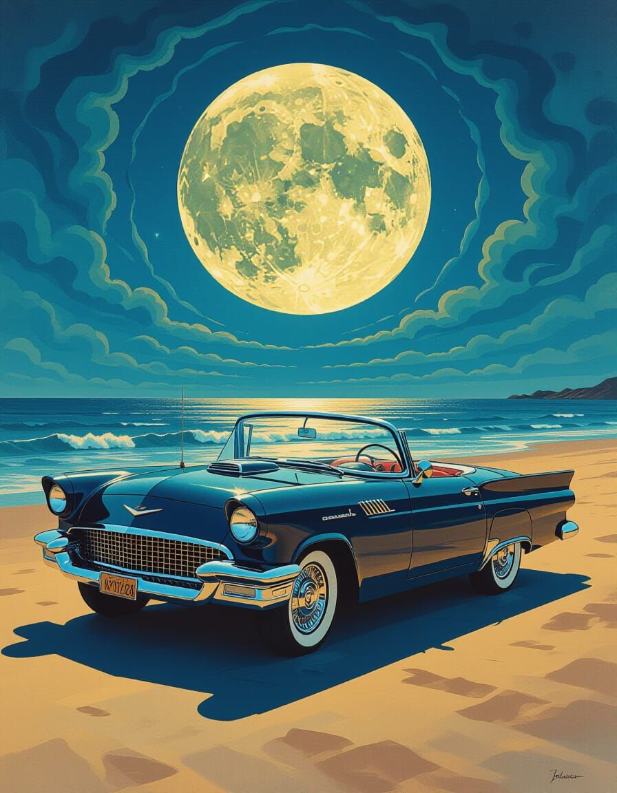 1950s Convertible on Moonlit Beach
