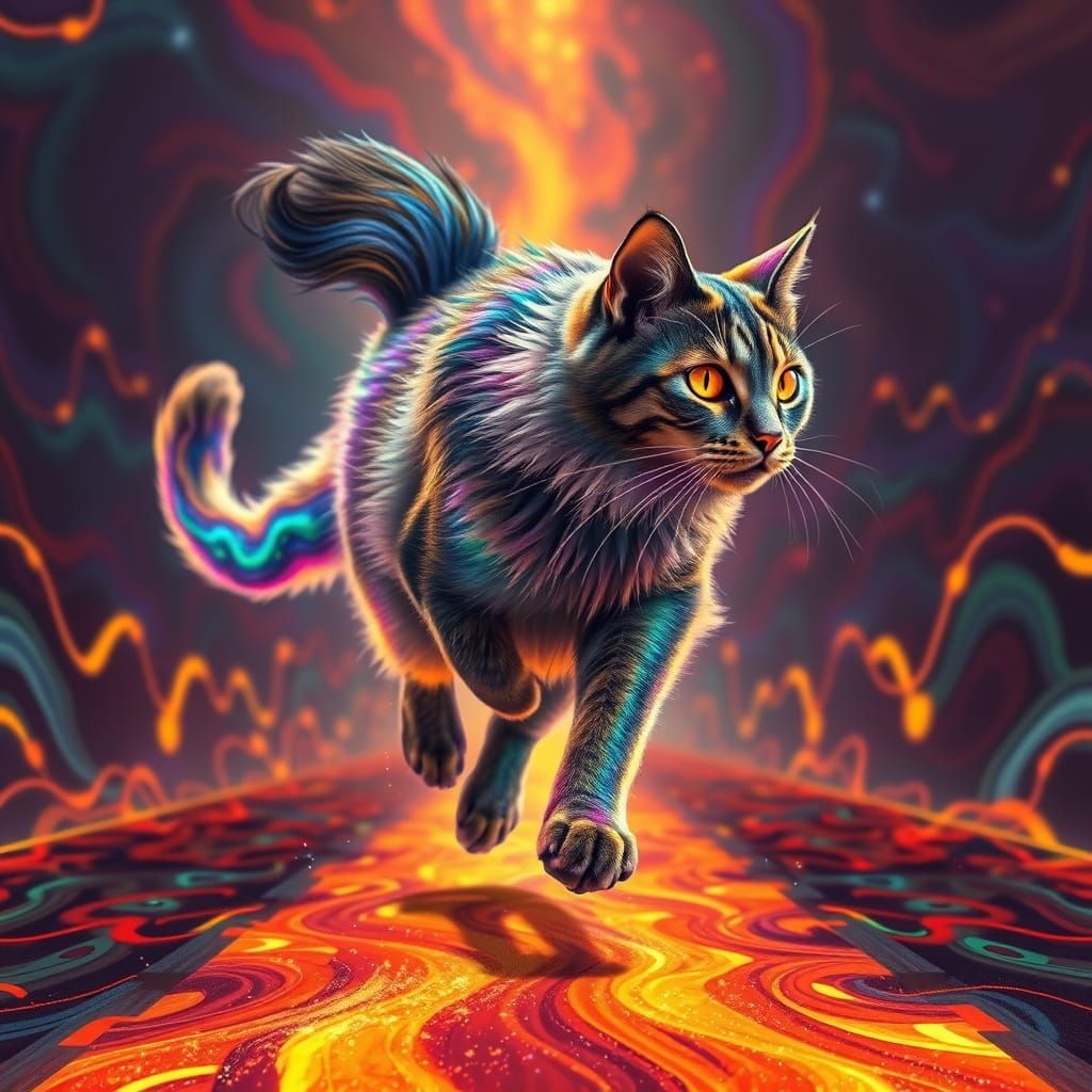 Majestic Iridescent Cat Runs Down Blazing Runway in Vibrant ...