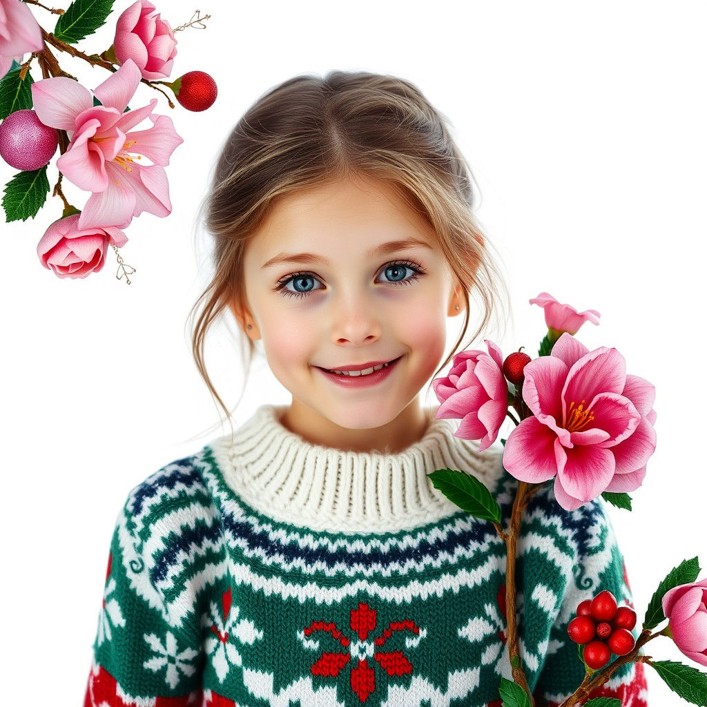 Girl in Christmas Pullover with Winter Flowers