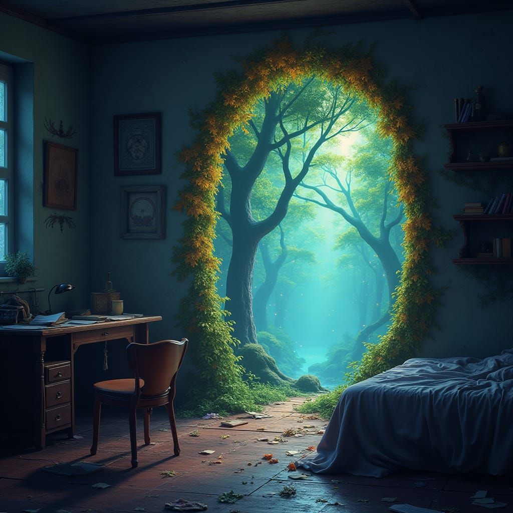 Dream Portal to Mythical Forest in Whimsical Bedroom Scene