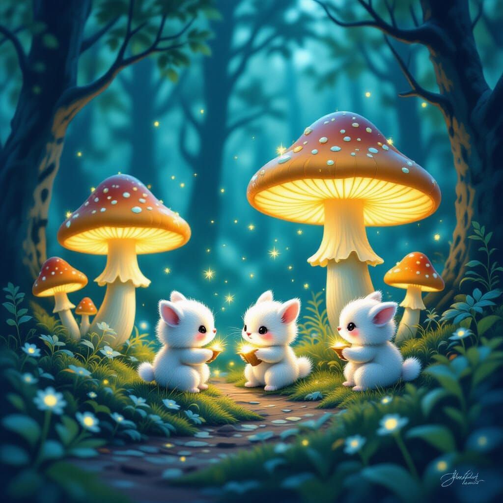 Fluffy Creatures Tend Glowing Mushrooms in Magical Forest