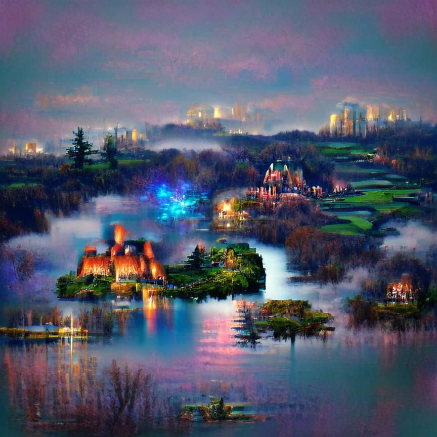 Cyberpunk Castle Reflected in Lake at Night