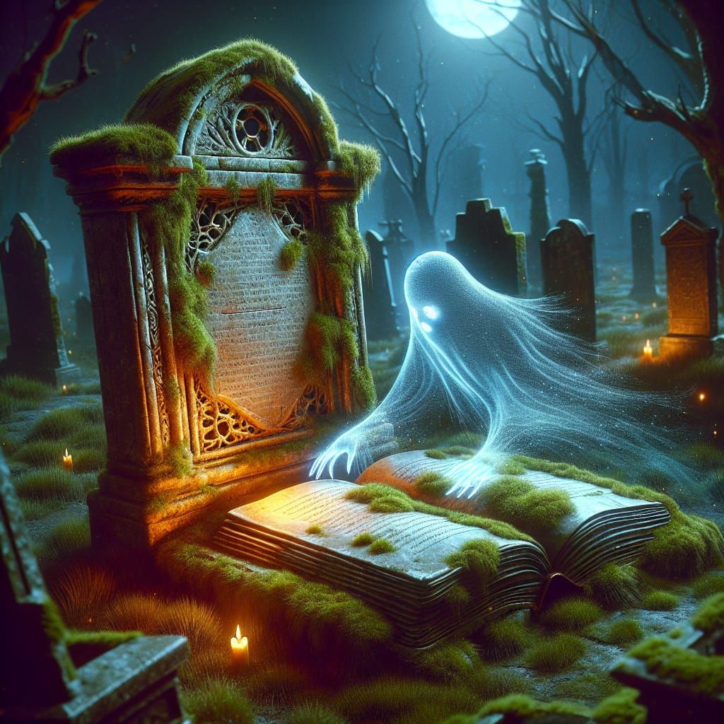 Ghostly Figure Reads Stone Book in Cemetery