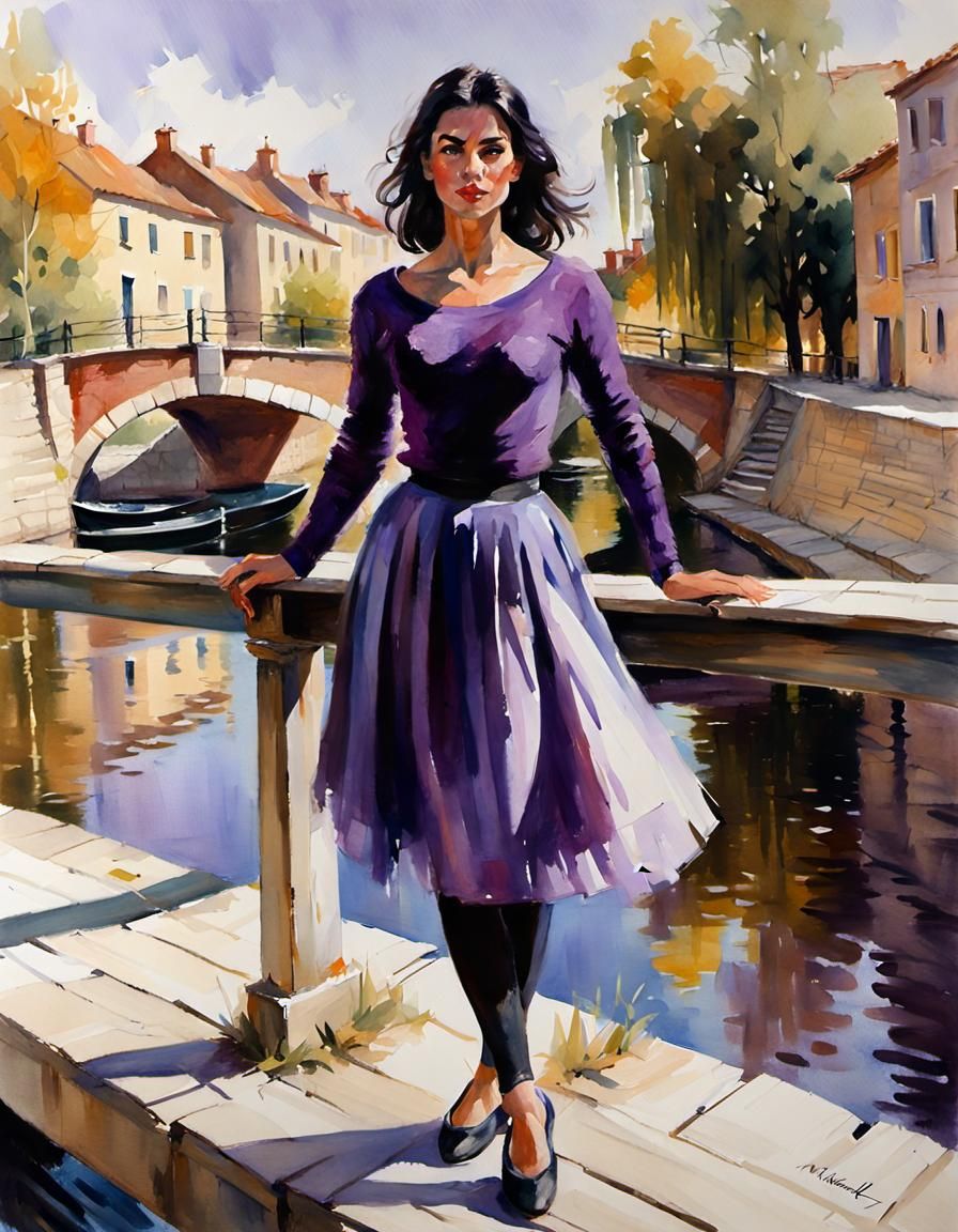 Watercolor of Woman on Bridge in Garmash Style