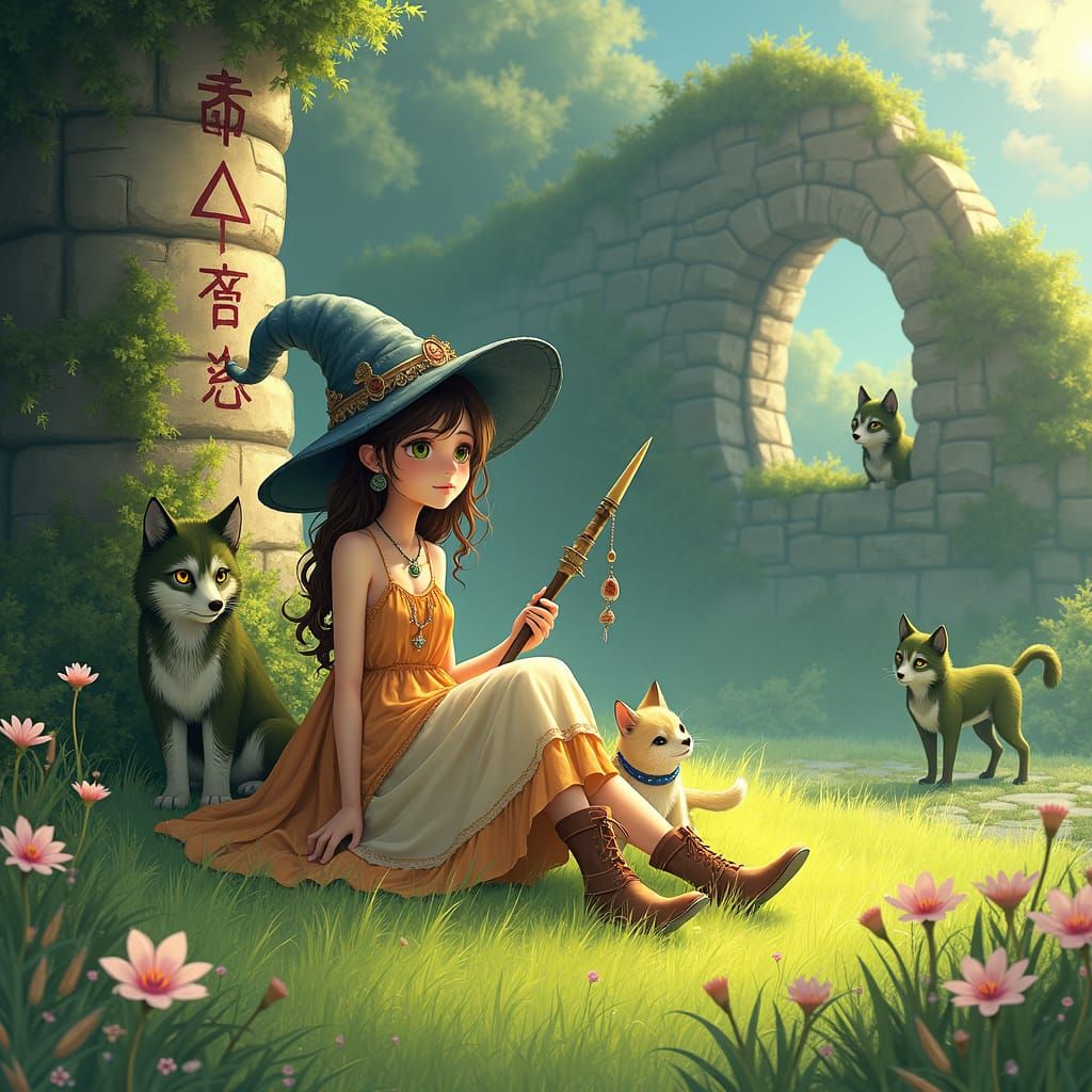Girl and Cat Companion in Meadow, Whimsical Matte Painting