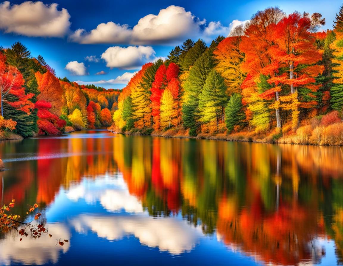 New England Autumn Landscape in Watercolor Style