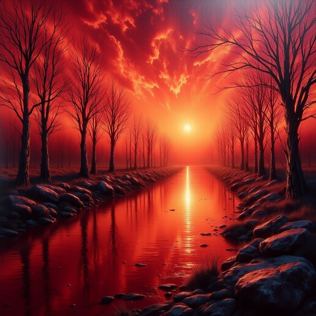 Expressionist Red Landscape with Flowing River