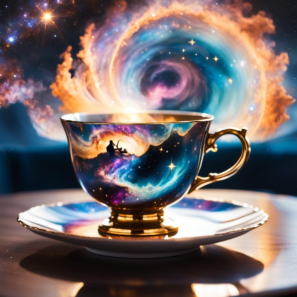Teacup Galaxy: Surreal Dreamscape in Oil Painting Style