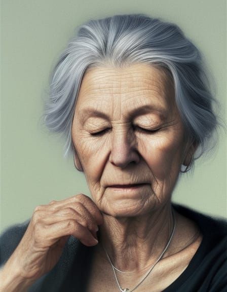 old lady, silver hair in a loose bun.