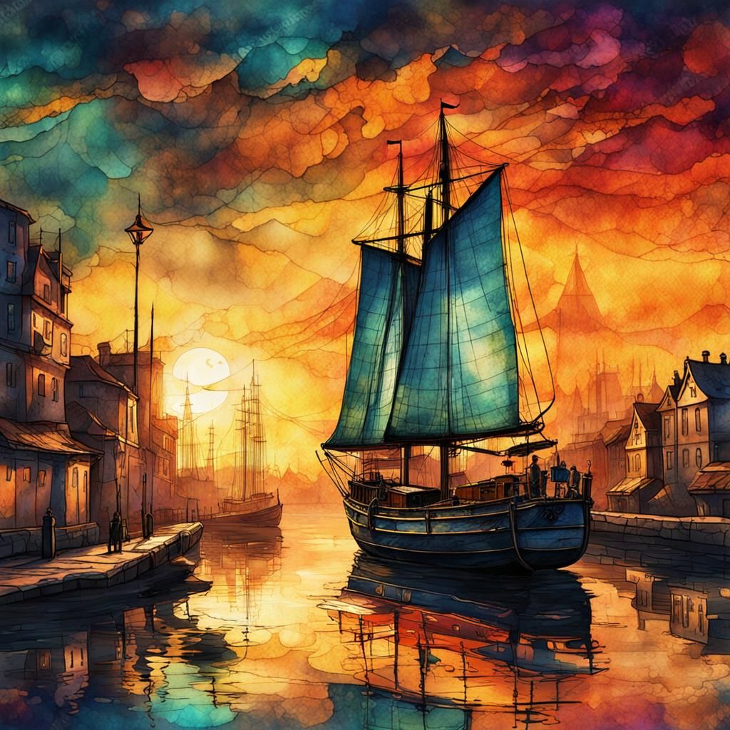 Sailboat at Sunset in Steampunk Ink Painting Style