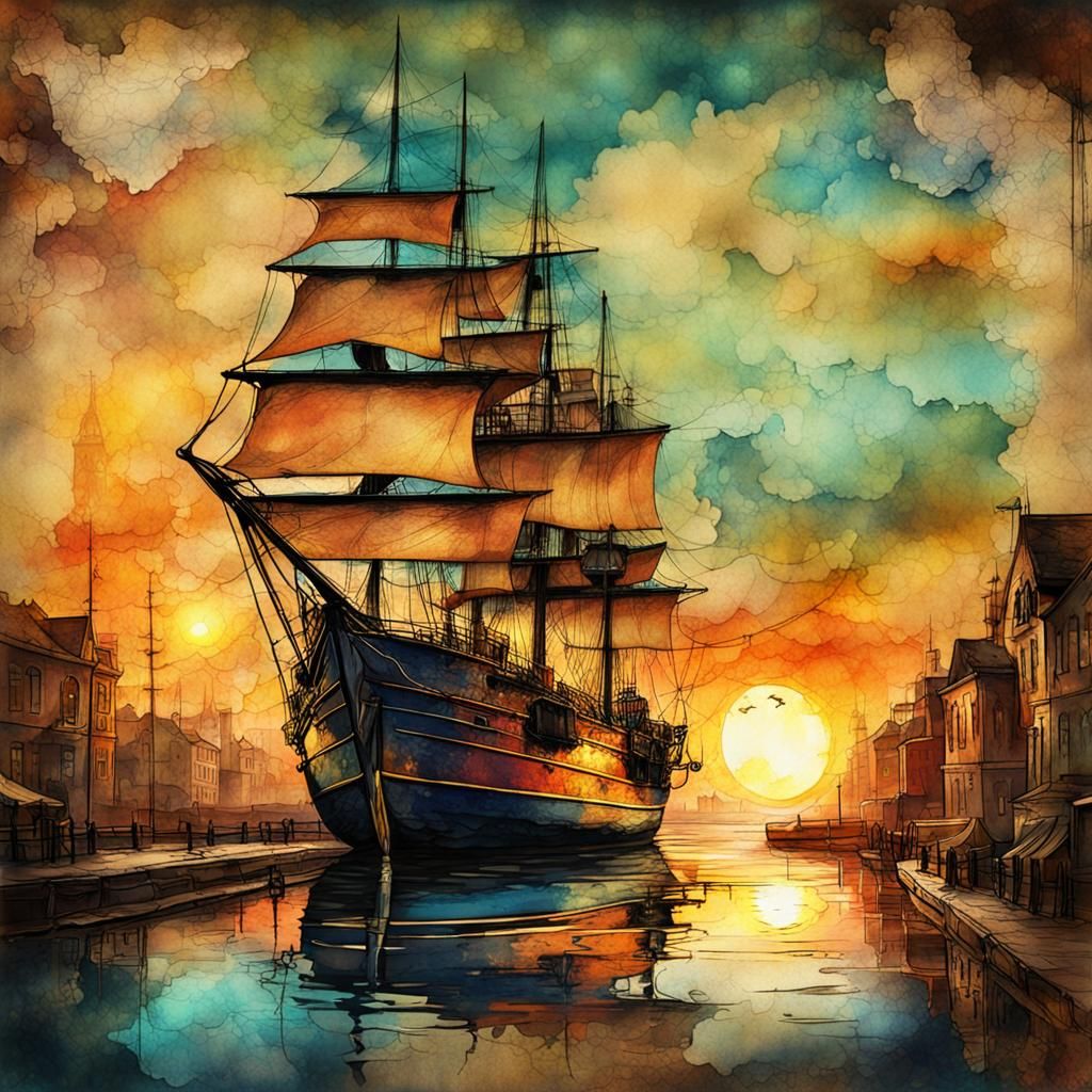 Steampunk Sailboat at Sunset: Ink Painting
