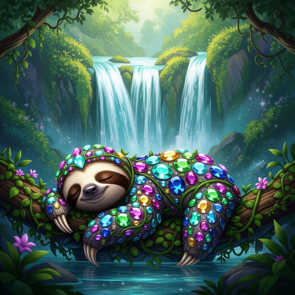 Gemstone Sloth Sleeps by Enchanted Waterfall